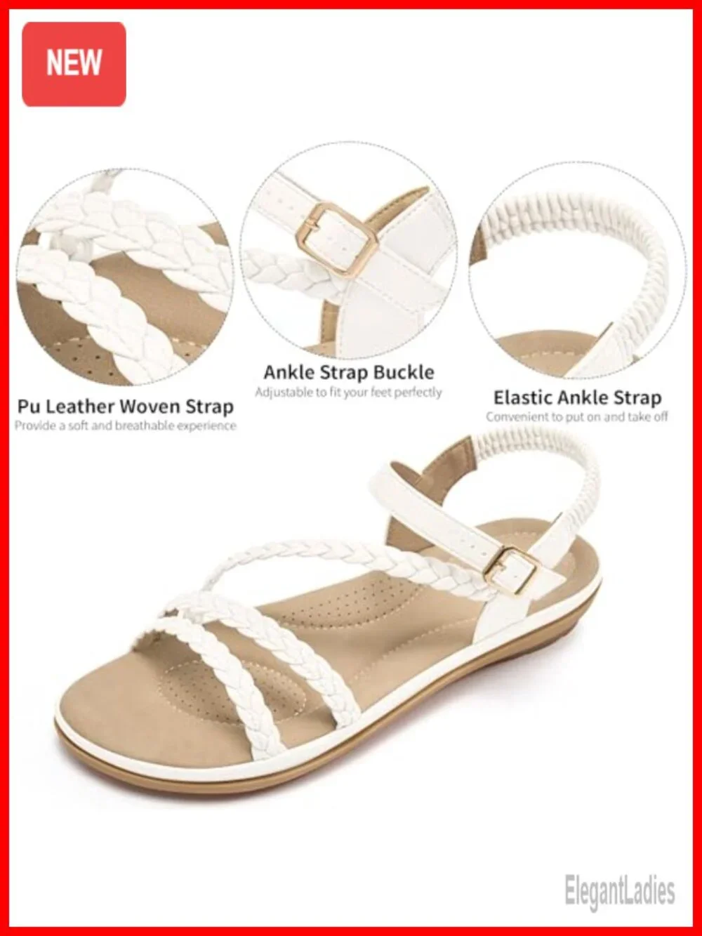 Womens Flat Sandals with Woven Cross PU Leather Strappy Ankle Strap Adjustable